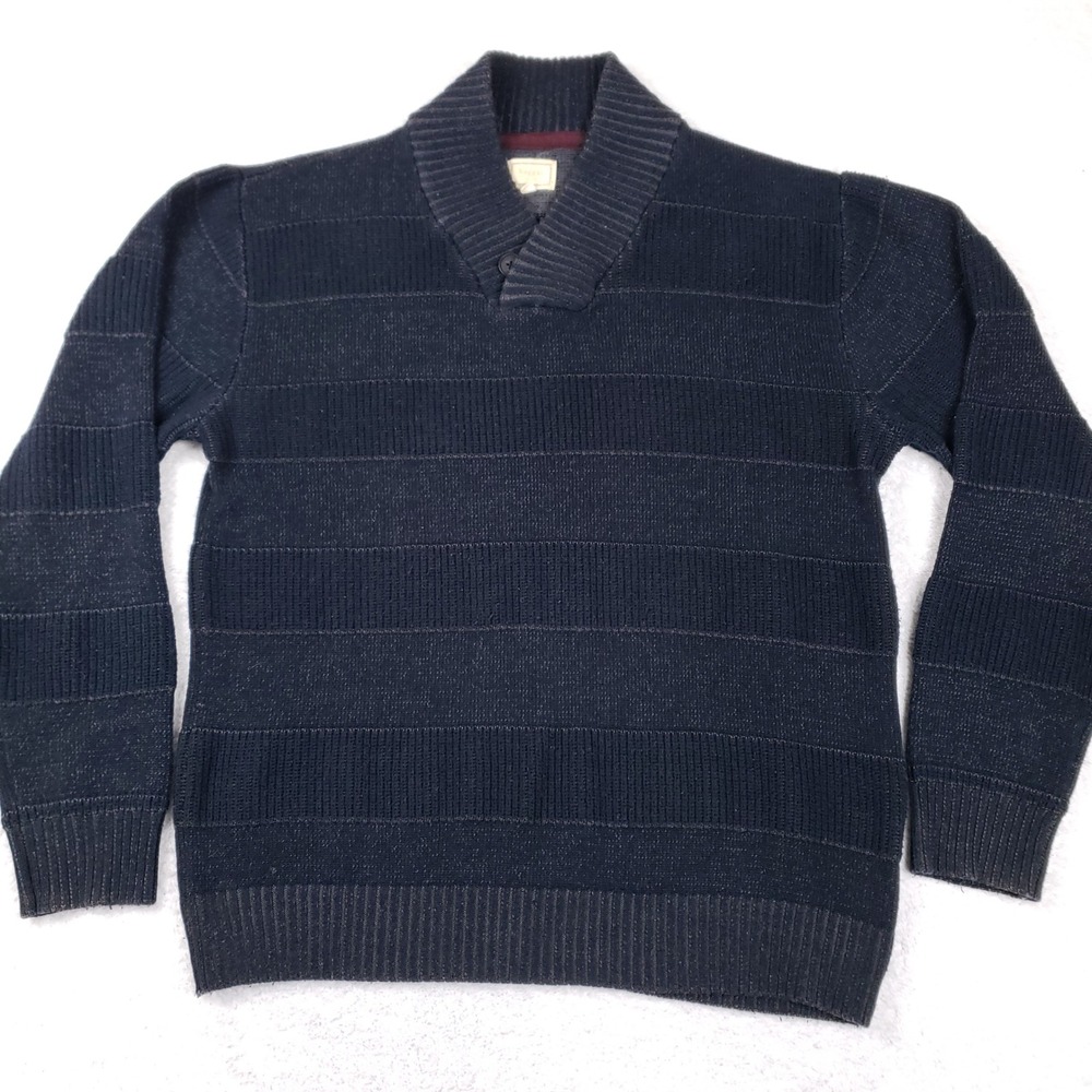 Haggar Mens XL Navy Blue Shawl Collar Textured Stripe Pullover Sweater Fisherman